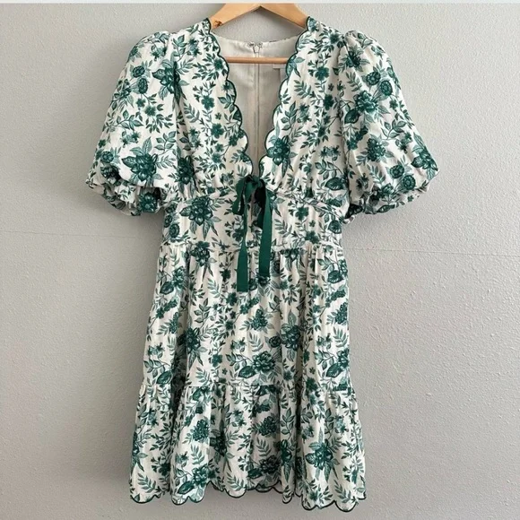 House of Harlow 1960 Green and White Floral Tie-Front Puff-Sleeve Mini Dress - Picture 1 of 2